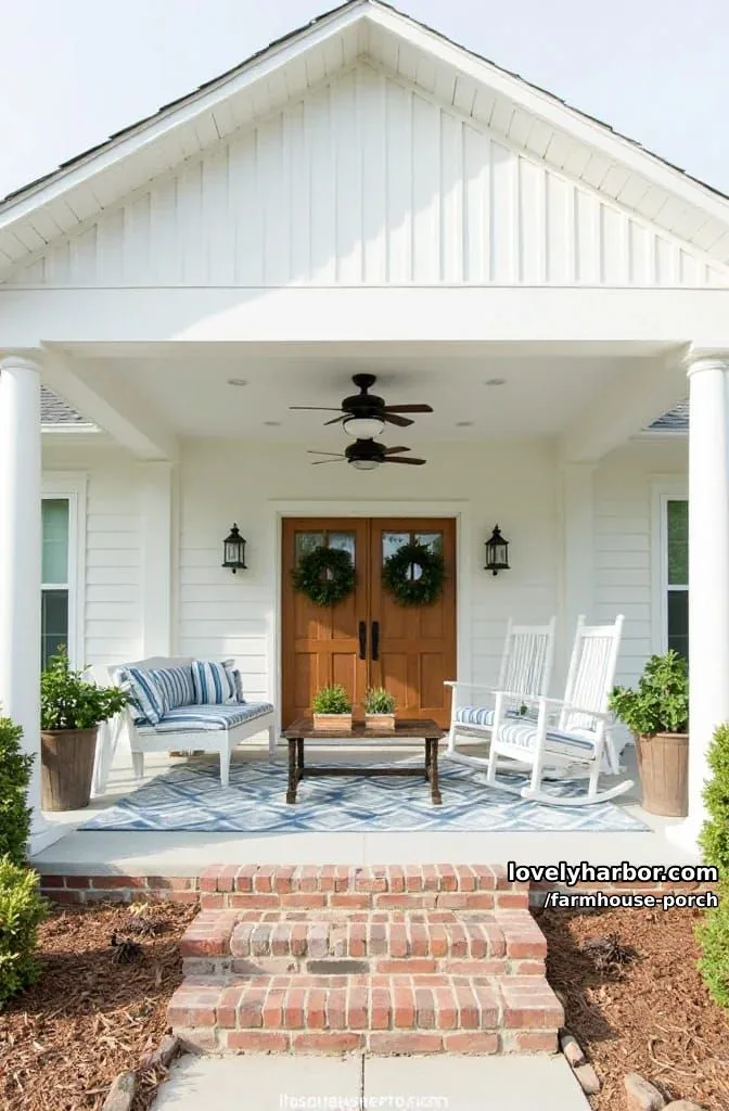 suburban porch with double doors, white outdoor furniture, striped cushions, and brick steps. 1