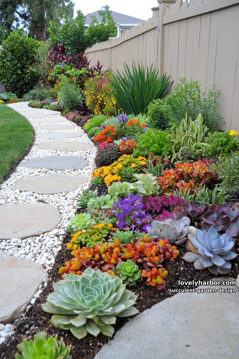 succulent and drought-tolerant garden along curving stone pathway. 1