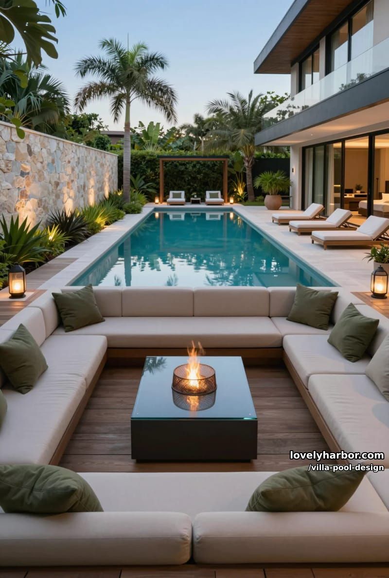 sunken lounge with sectional sofas, glass fire pit, pool, and evening lighting. 1