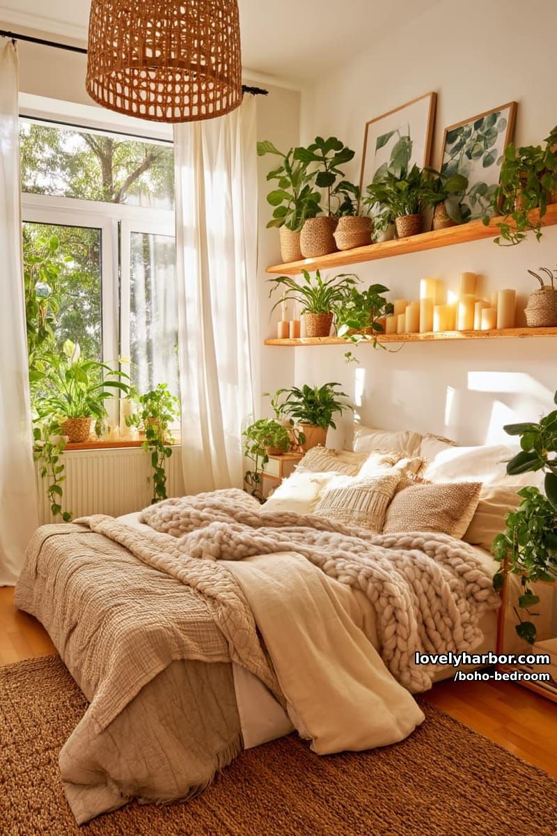 sunlit bedroom with chunky knit blankets, floating plant shelves, and candles. 1