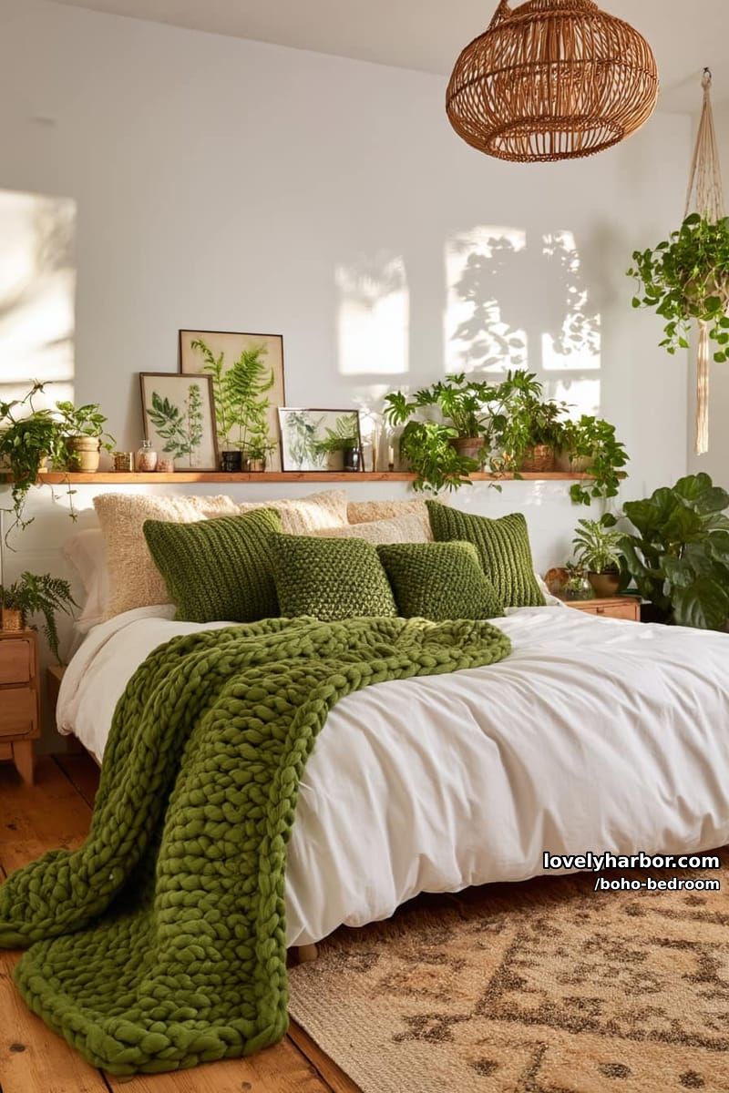 sunlit bedroom with white bedding, green pillows, and abundant houseplants. 1