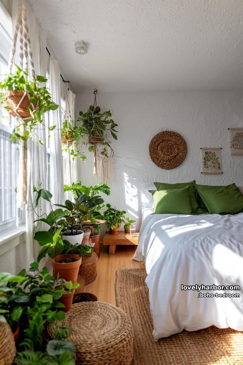 sunlit bedroom with white bedding, green pillows, and abundant houseplants. 1