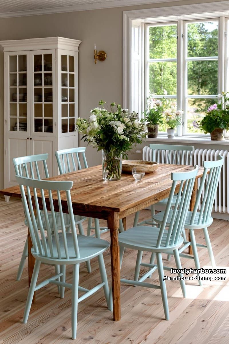 sunlit dining room with blue chairs, wooden table, white cabinet, potted plants, brass sconce. 1