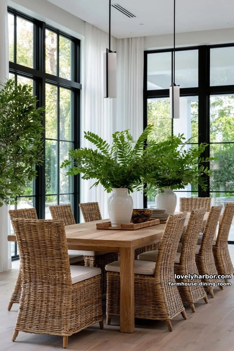 44 Rustic Farmhouse Dining Rooms to Inspire Your Space 20 sunlit dining room with rattan chairs, pale wood floor, white vases, modern pendants. 1