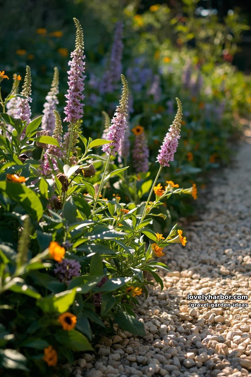 sunlit garden path with light pebbles, wildflowers, and green foliage. 1