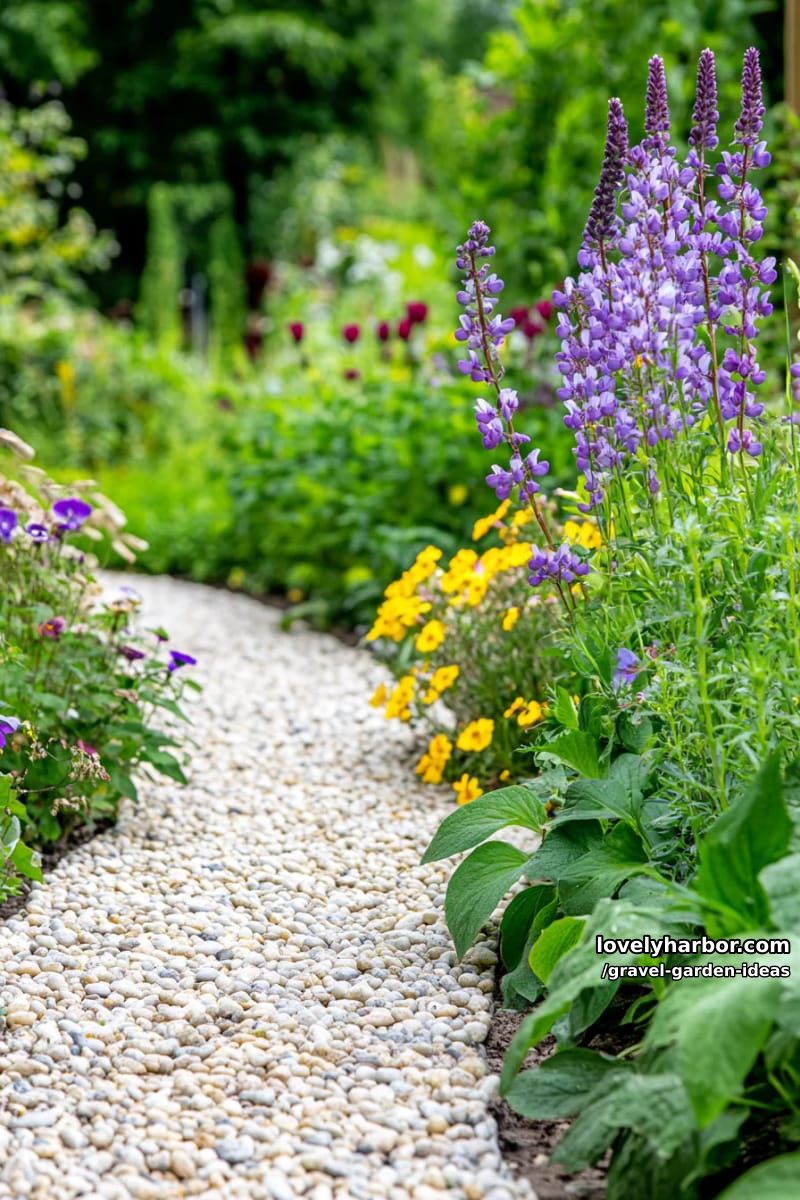 sunlit garden path with light pebbles, wildflowers, and green foliage. 1