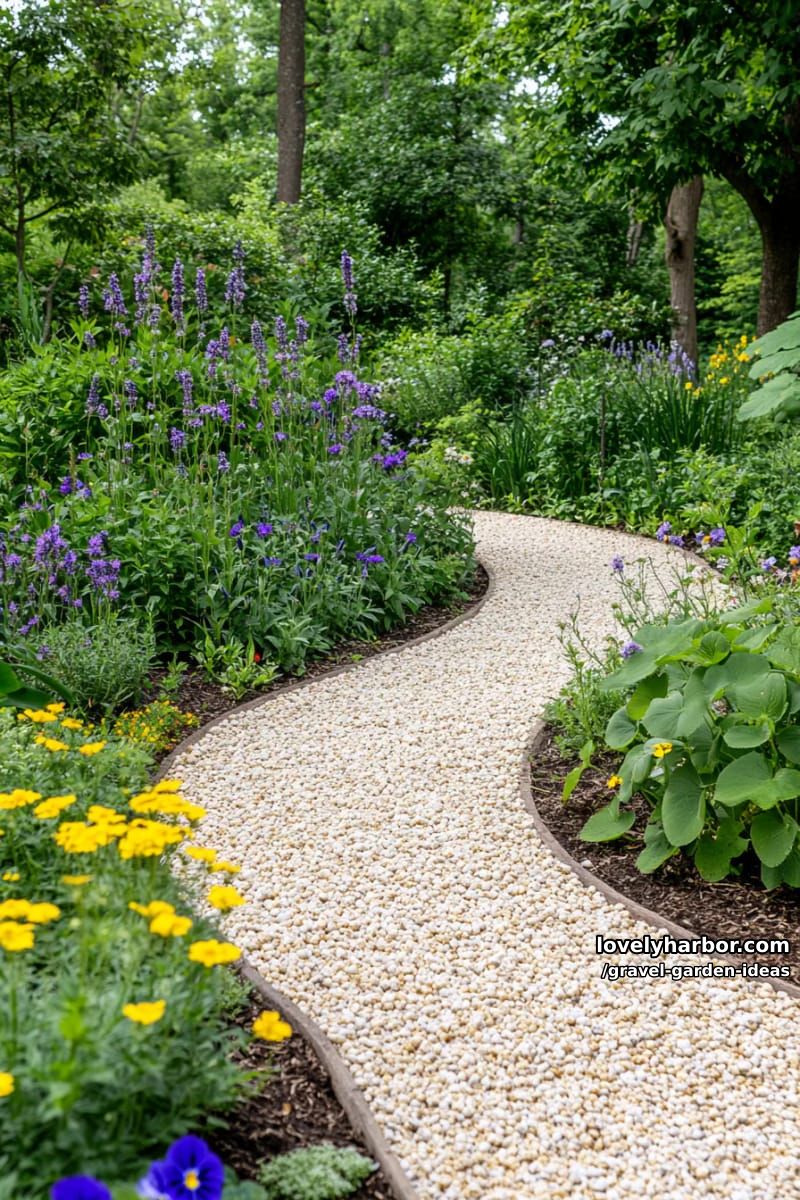 sunlit garden path with light pebbles, wildflowers, and green foliage. 1