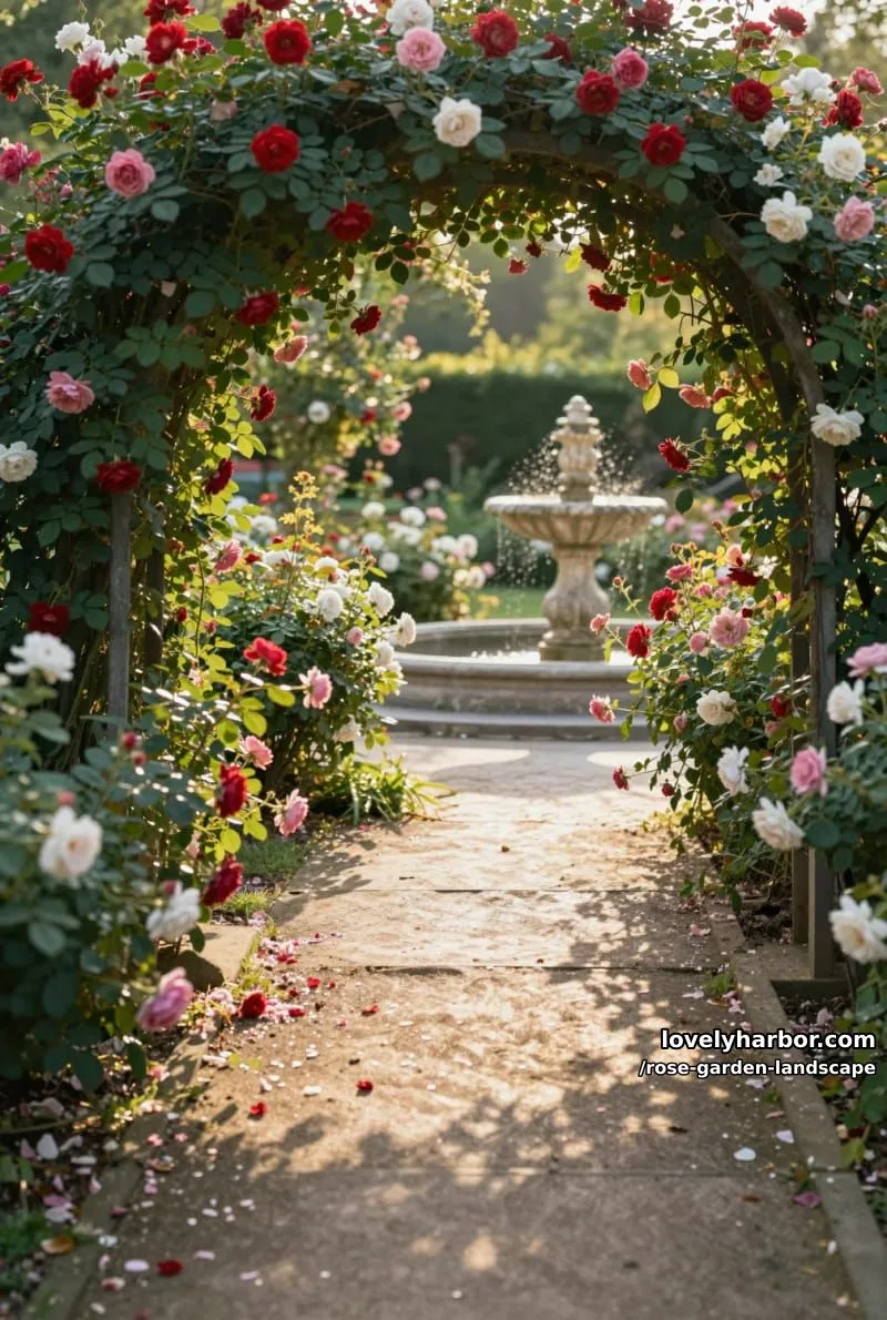 sunlit garden path with rose bushes, scattered petals, and a stone fountain. 1