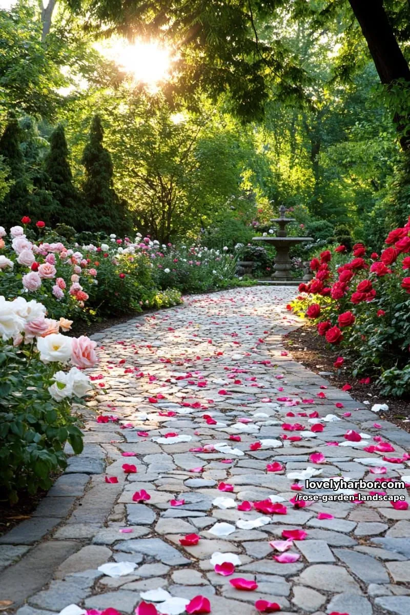 sunlit garden path with rose bushes, scattered petals, and a stone fountain. 1