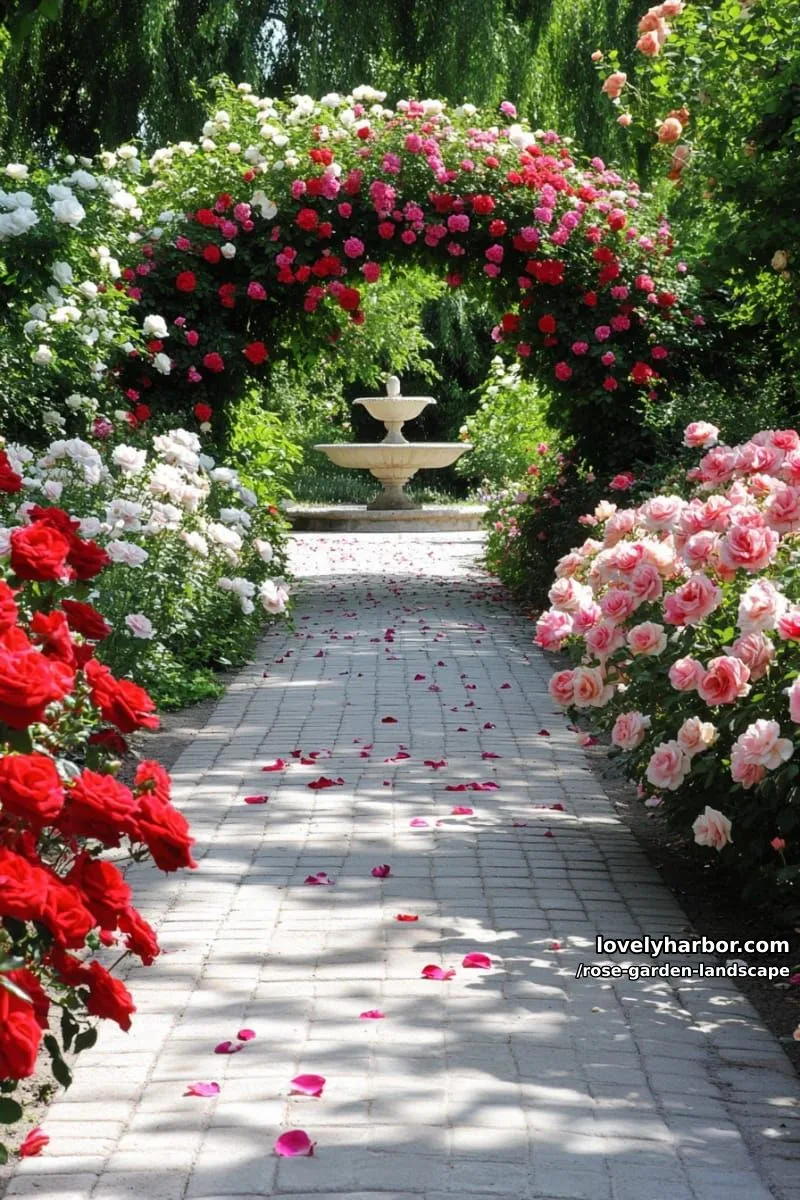sunlit garden path with rose bushes, scattered petals, and a stone fountain. 1