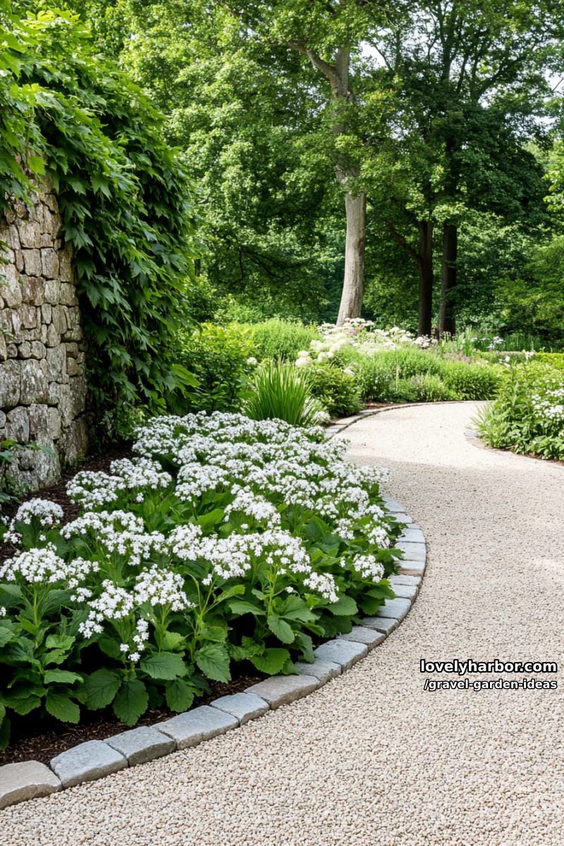 sunlit garden with gravel path, silvery shrubs, white flowers, and stone wall. 1
