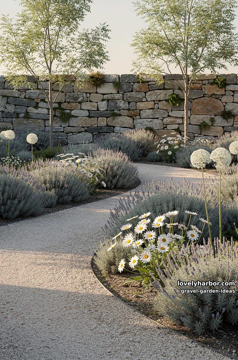 sunlit garden with gravel path, silvery shrubs, white flowers, and stone wall. 1