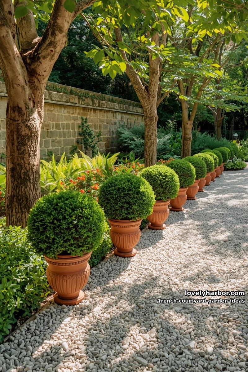 sunlit gravel path, boxwood in terracotta pots, lush bushes, and rustic stone wall. 1