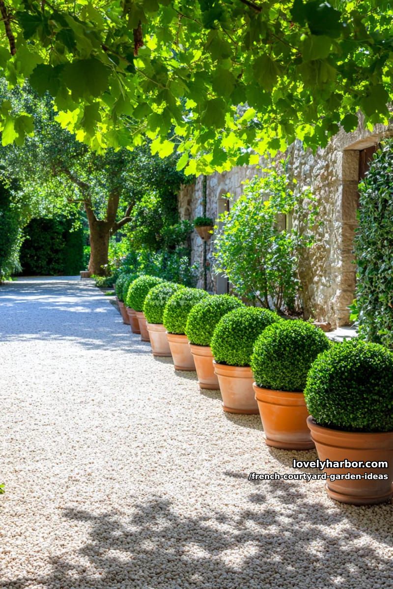 sunlit gravel path, boxwood in terracotta pots, lush bushes, and rustic stone wall. 1