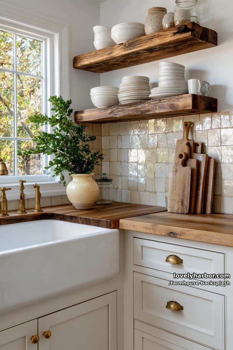 sunlit kitchen corner with farmhouse sink, butcher block, and wooden shelves. 1