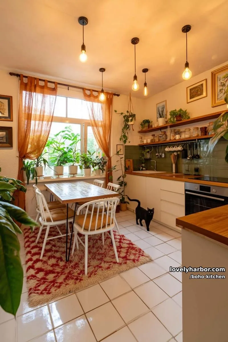 sunlit kitchen, orange curtains, white cabinets, checkered rug, potted plants, modern vintage mix. 1