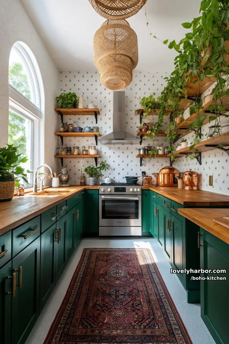 sunlit kitchen with deep green cabinets, warm wood, brass accents, trailing plants. 1