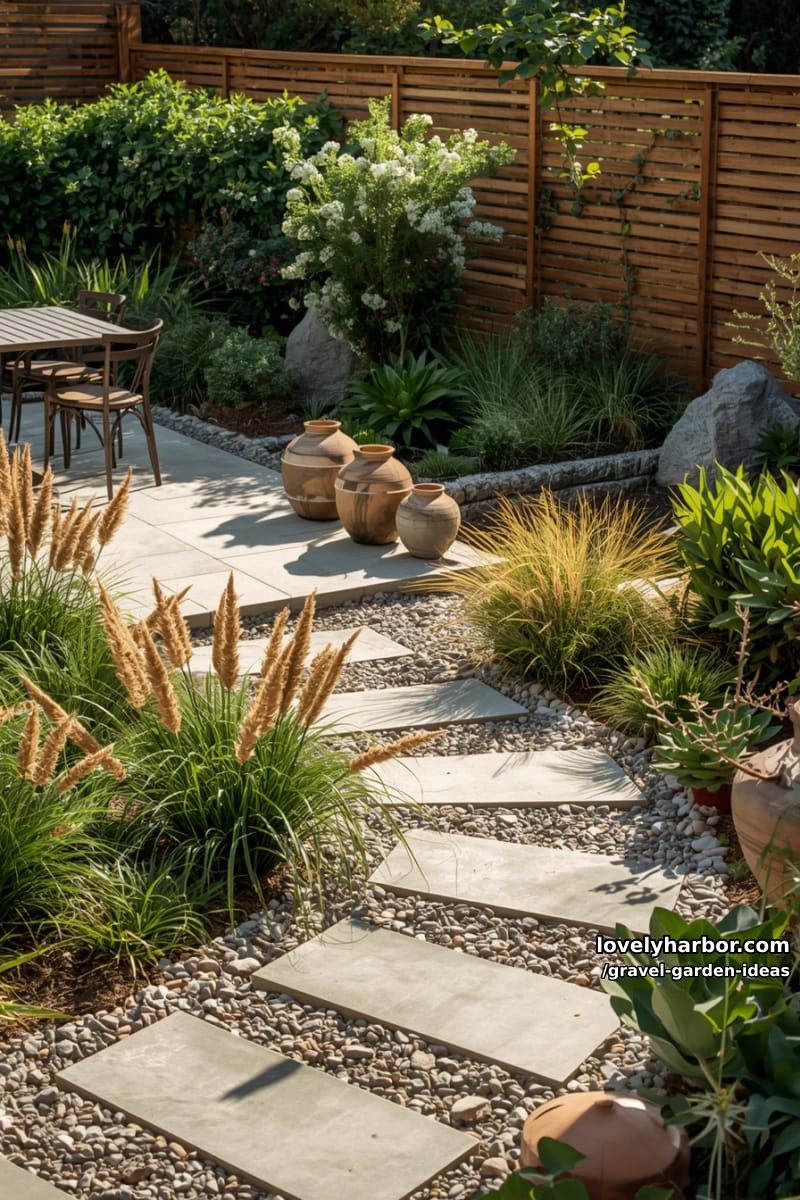 sunny backyard garden with green plants and patio. 1