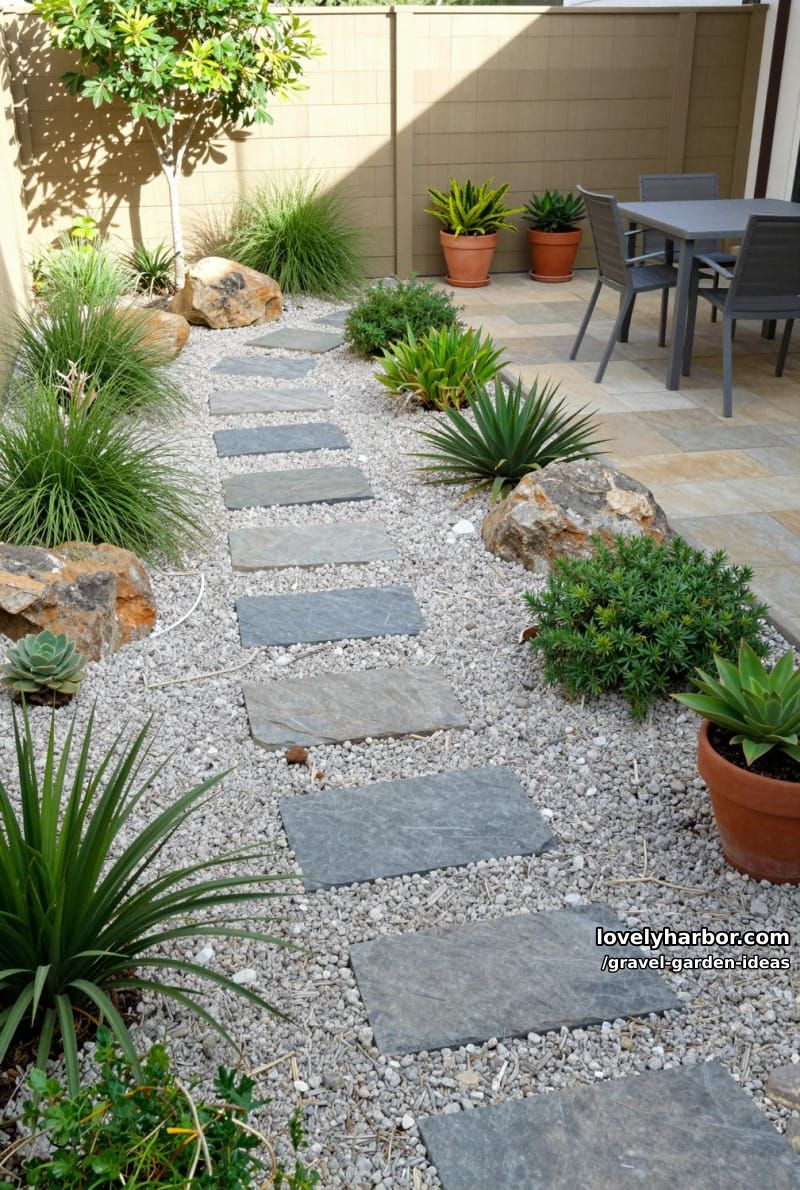 sunny backyard garden with green plants and patio. 1