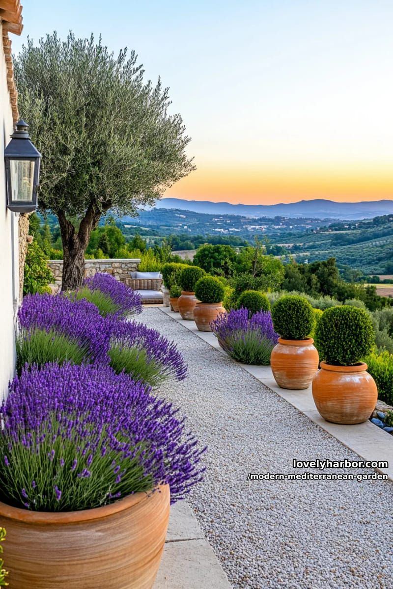 sunset garden with dense lavender, gravel path, olive tree, topiary, and rolling hills. 1