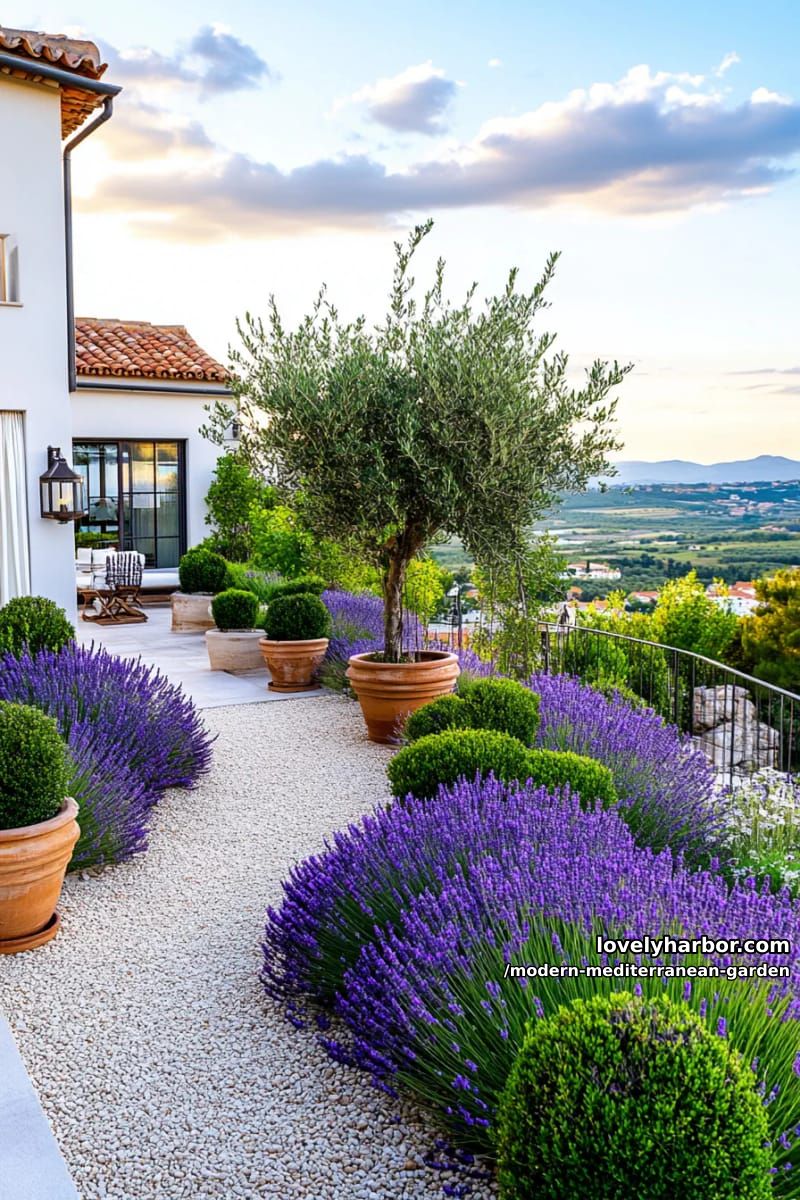 sunset garden with dense lavender, gravel path, olive tree, topiary, and rolling hills. 1