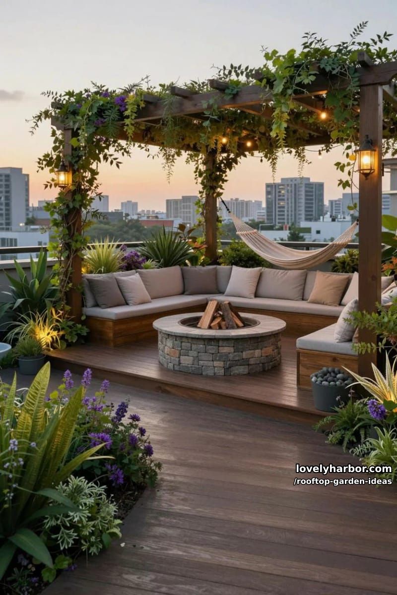 sunset rooftop with pergola, string lights, fire pit, and lush plants. 1