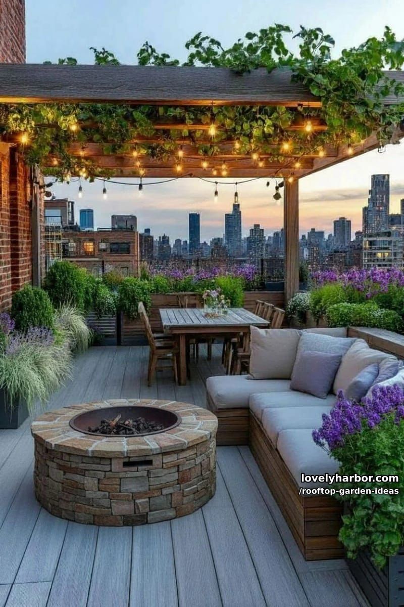 sunset rooftop with pergola, string lights, fire pit, and lush plants. 1