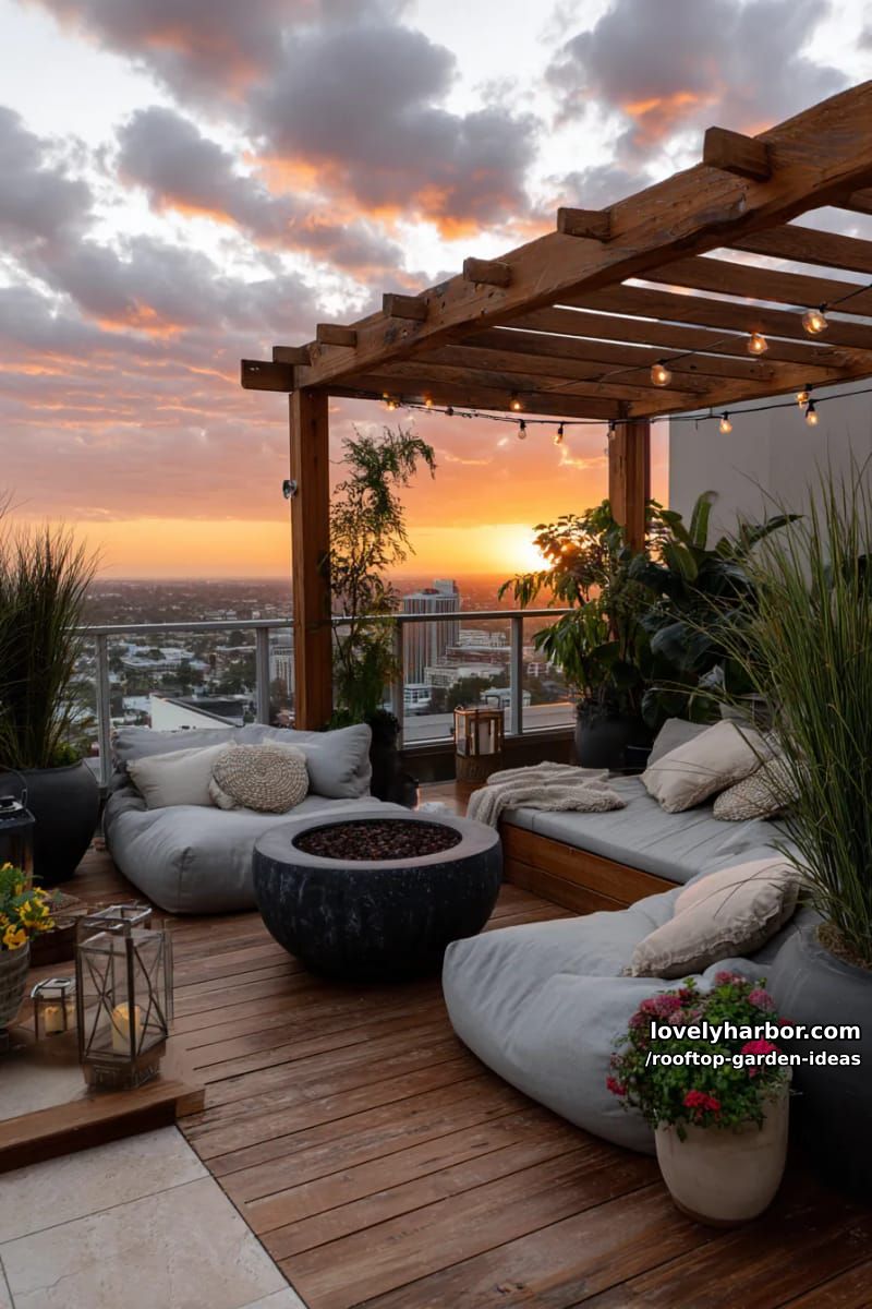 sunset rooftop with pergola, string lights, fire pit, and lush plants. 1