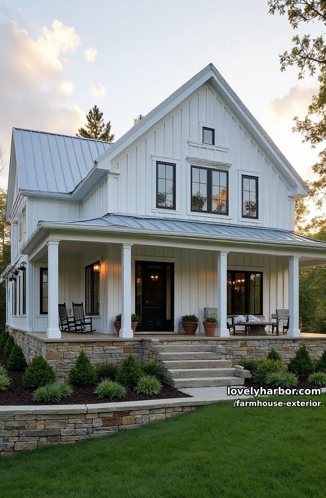 symmetrical farmhouse, central dormer, wide porch, tiered landscaping, setting sun. 1