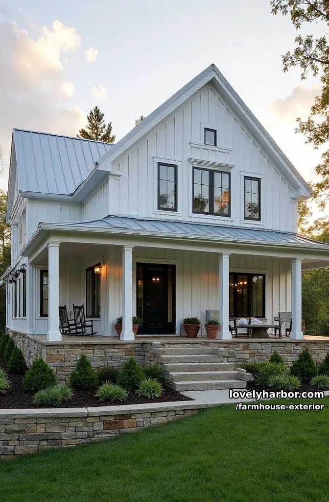 44 New Farmhouse Exterior Designs To Copy 18 symmetrical farmhouse, central dormer, wide porch, tiered landscaping, setting sun. 1