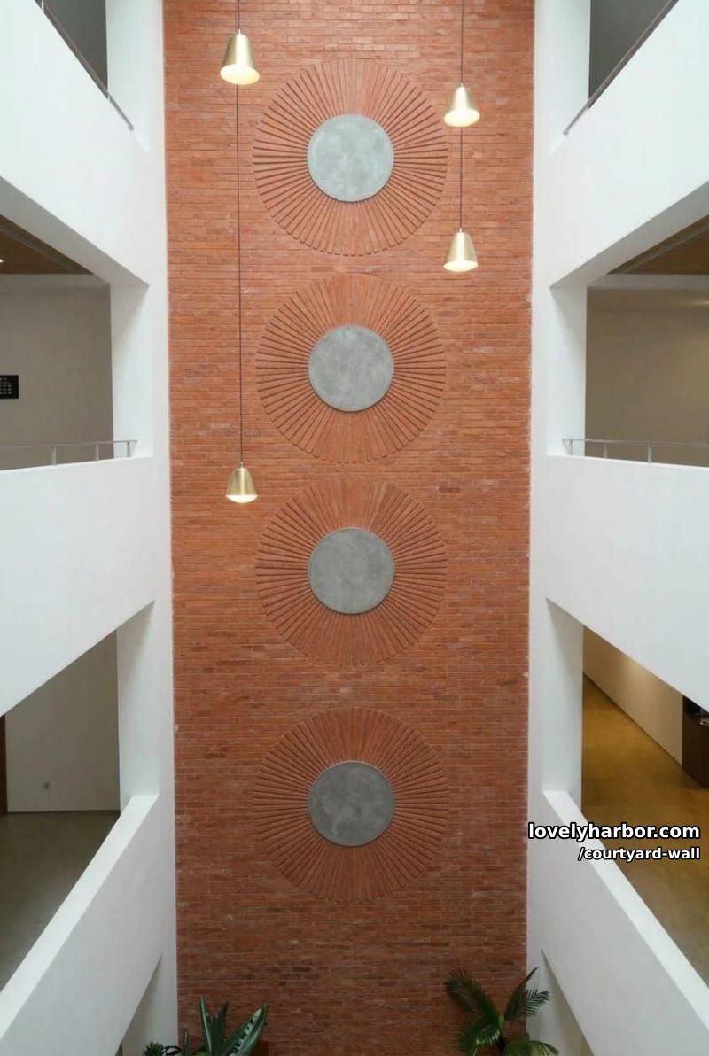 tall atrium with terracotta brick sunburst wall and modern pendant lights 1