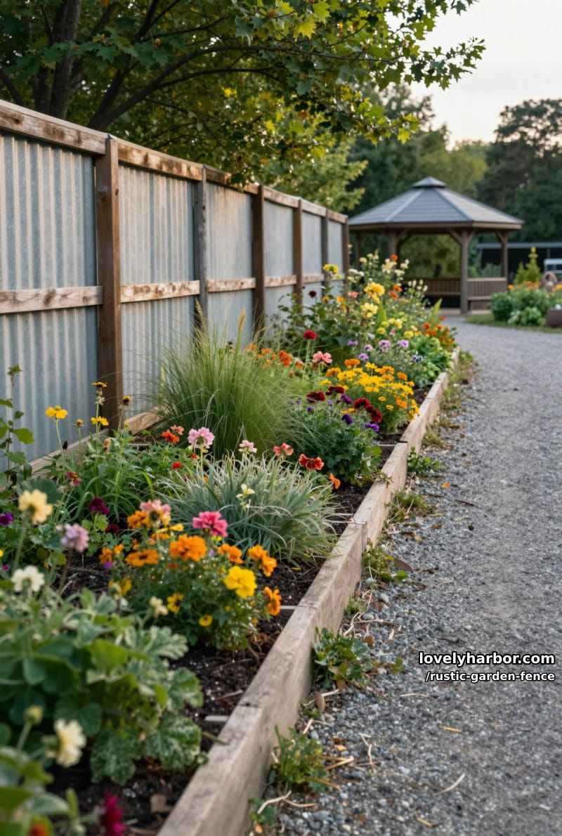 tall corrugated metal and wood fence beside raised flower garden and gazebo. 1