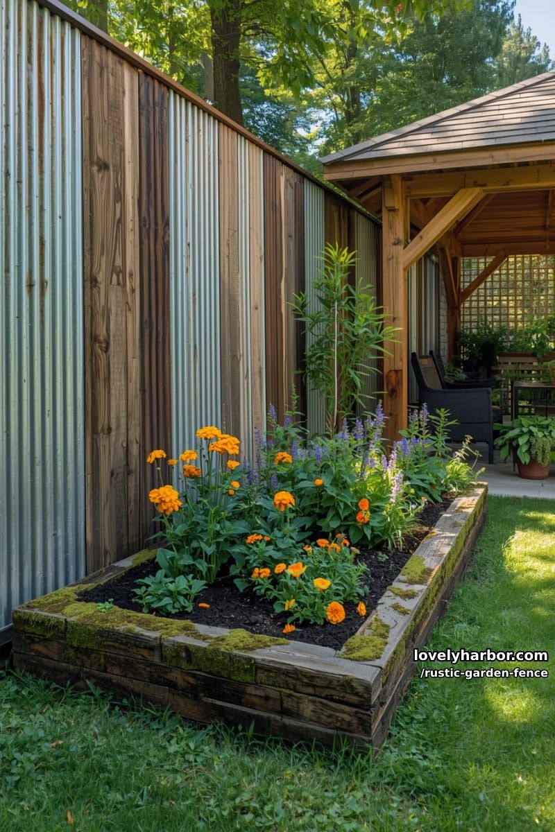 tall corrugated metal and wood fence beside raised flower garden and gazebo. 1