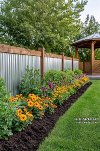 tall corrugated metal and wood fence beside raised flower garden and gazebo. 20