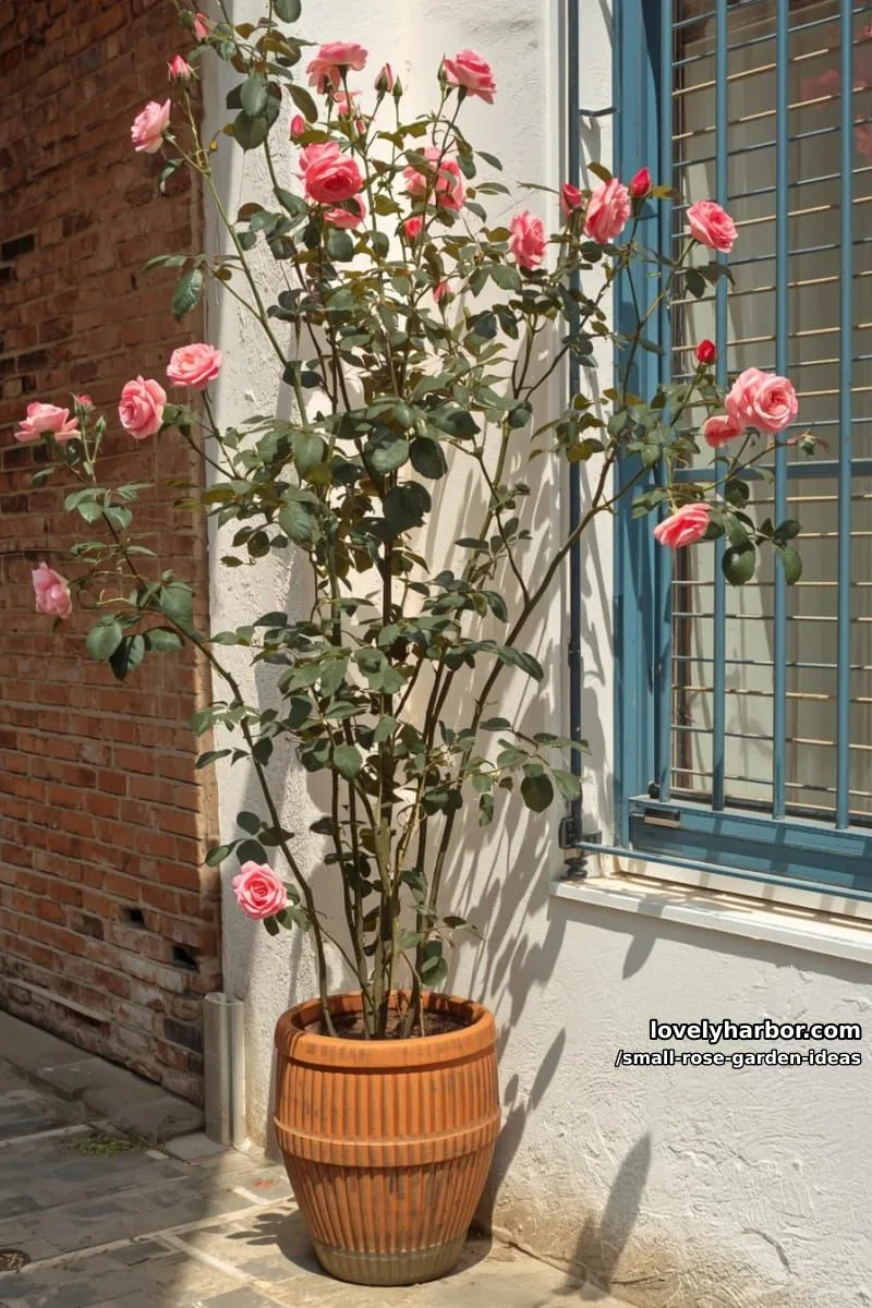 20 Chic Small Rose Garden Ideas for a Refreshing Outdoor Space 35 tall rose plant with pink blooms climbing a brick and white wall. 1