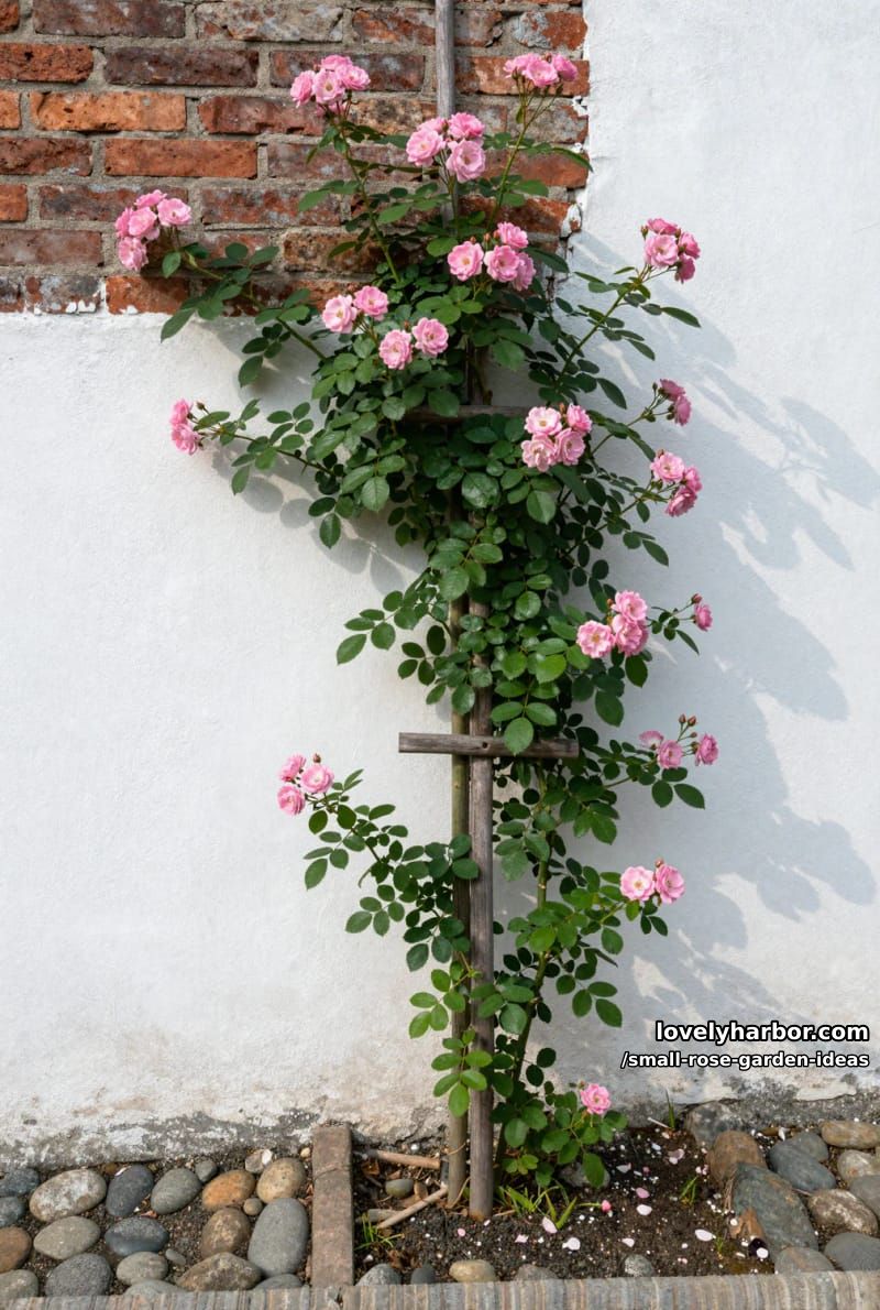 tall rose plant with pink blooms climbing a brick and white wall. 1