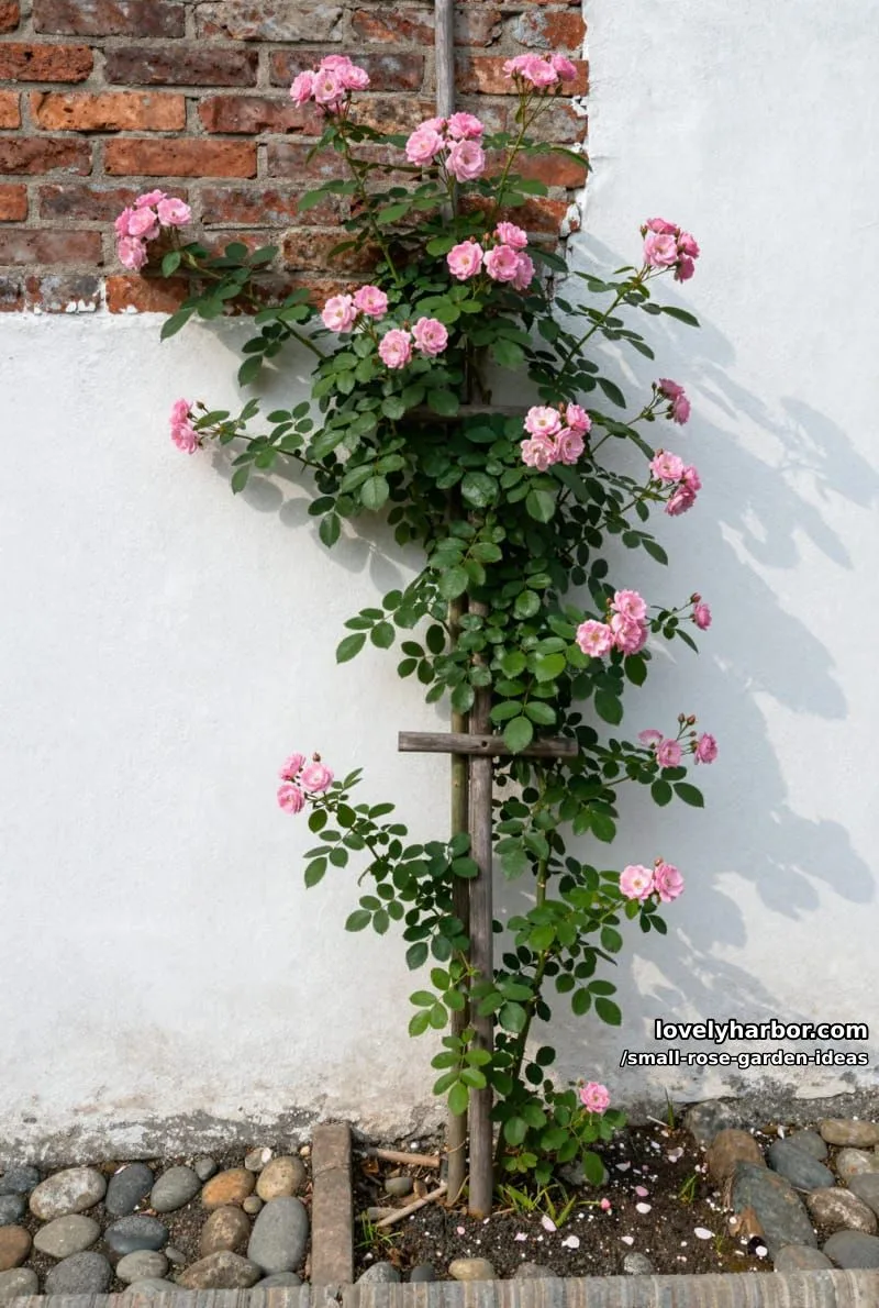 20 Chic Small Rose Garden Ideas for a Refreshing Outdoor Space 36 tall rose plant with pink blooms climbing a brick and white wall. 1