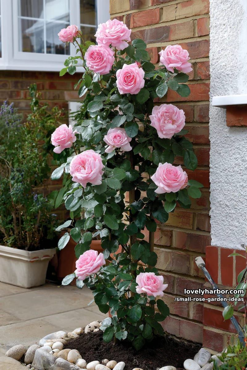 tall rose plant with pink blooms climbing a brick and white wall. 1