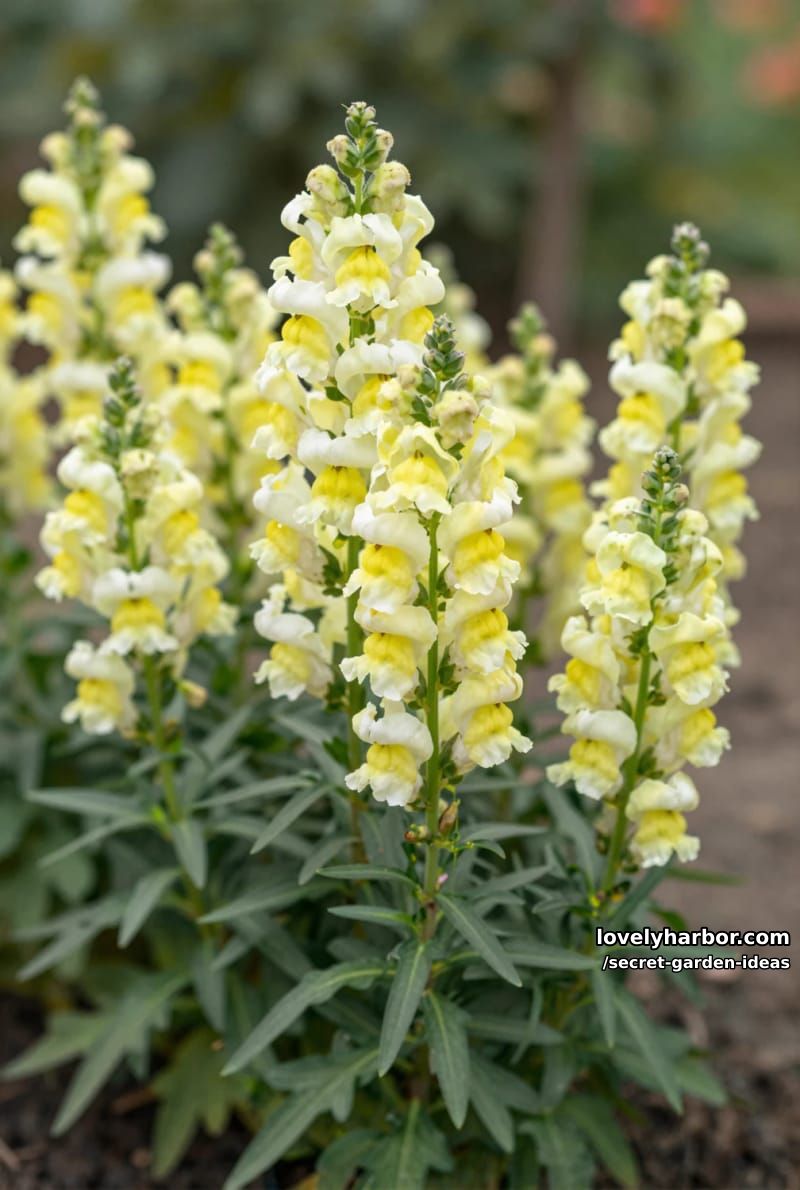 tall snapdragon flowers with yellow and white blossoms in a sunlit garden. 1