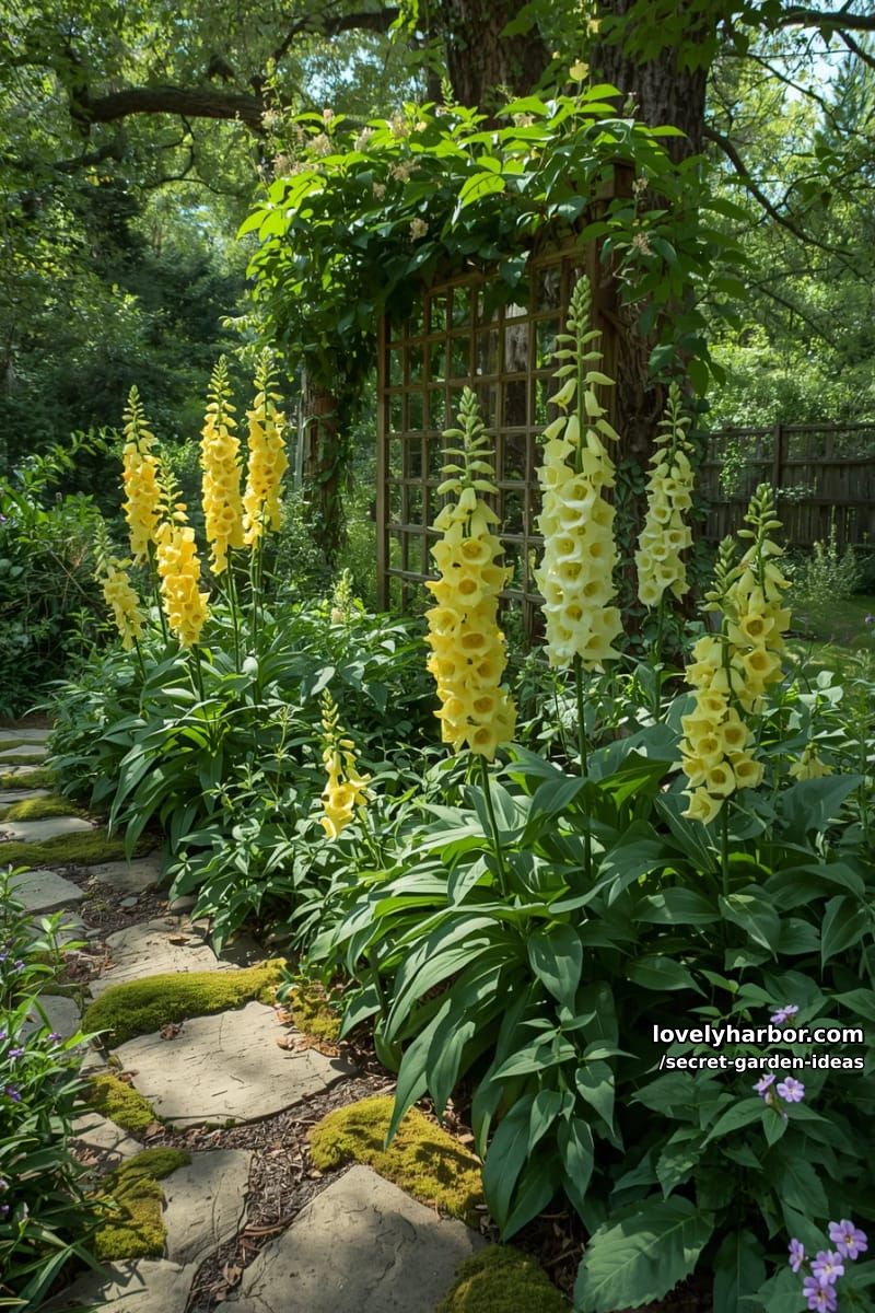 tall snapdragon flowers with yellow and white blossoms in a sunlit garden. 1