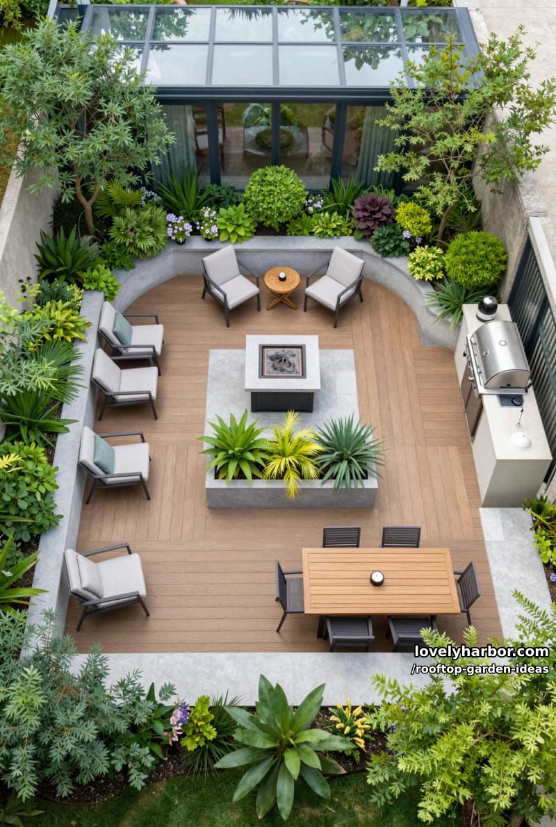 terrace garden with glass roof, lounge areas, and fire pit. 1
