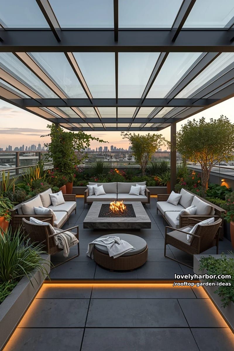 terrace garden with glass roof, lounge areas, and fire pit. 1