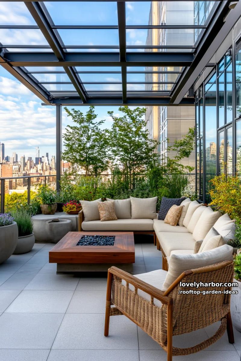 terrace garden with glass roof, lounge areas, and fire pit. 1