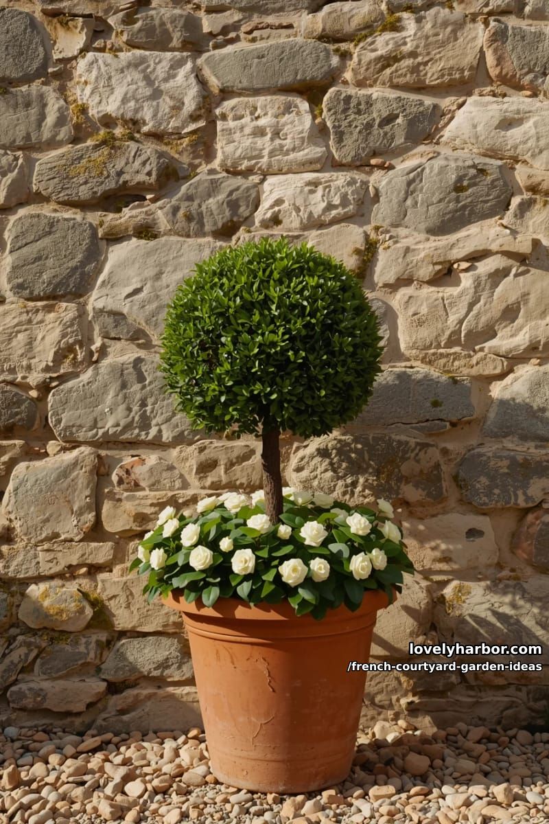 terracotta pot with topiary tree, white flowers, and weathered stone wall. 1