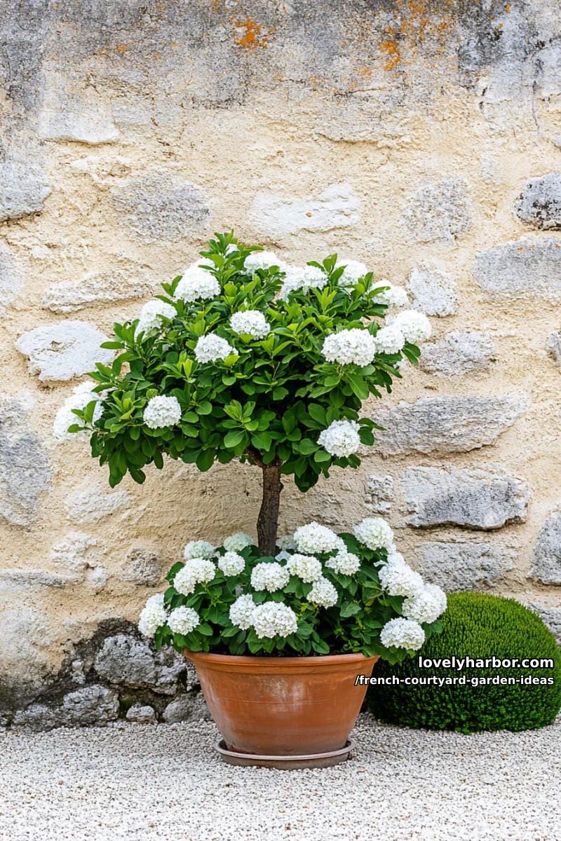 terracotta pot with topiary tree, white flowers, and weathered stone wall. 1