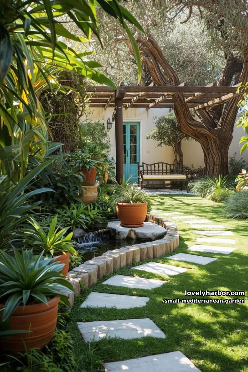 terracotta pots, succulents, winding stone path, pond, pergola, blue window. 1