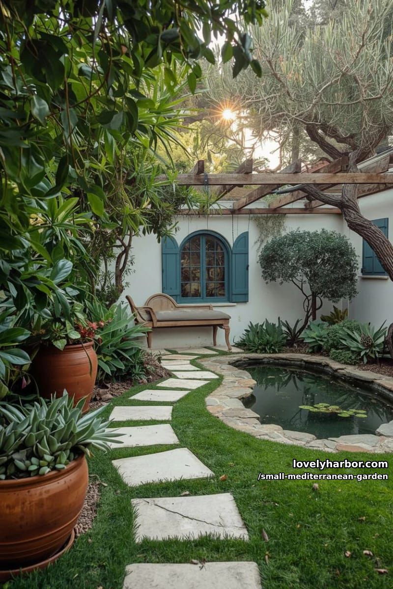 terracotta pots, succulents, winding stone path, pond, pergola, blue window. 1
