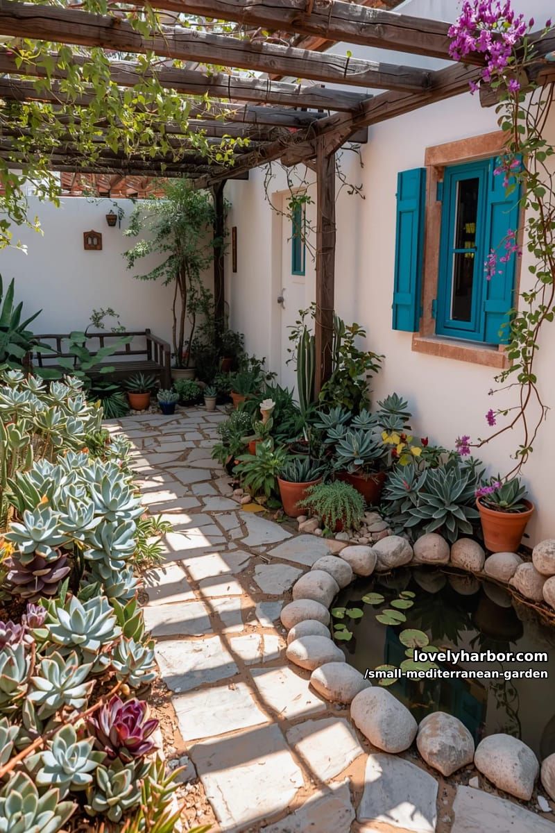 terracotta pots, succulents, winding stone path, pond, pergola, blue window. 1