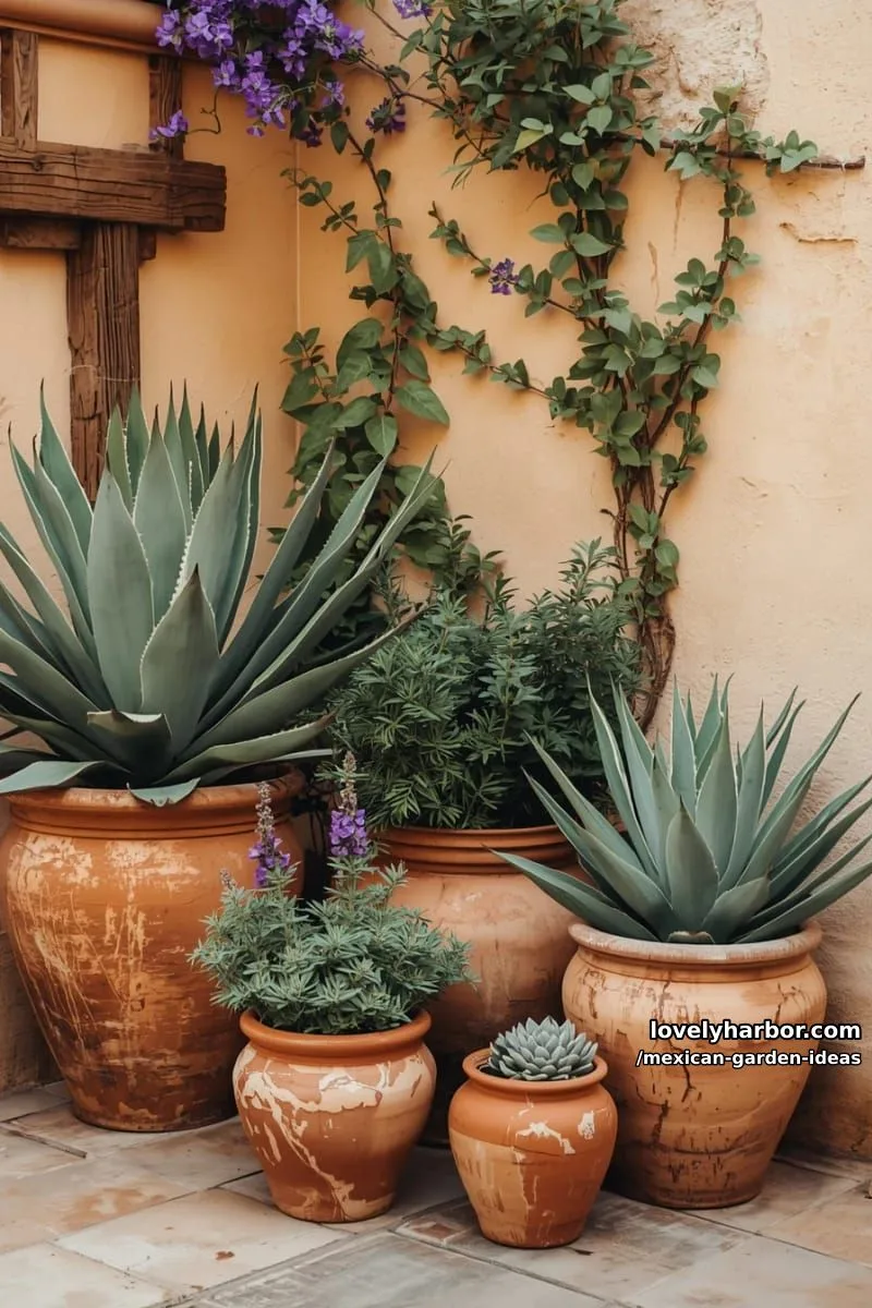 terracotta pots with agave, sage, and climbing vines in a mediterranean corner. 1