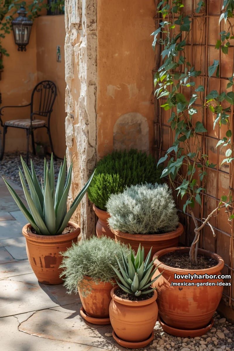 terracotta pots with agave, sage, and climbing vines in a mediterranean corner. 1